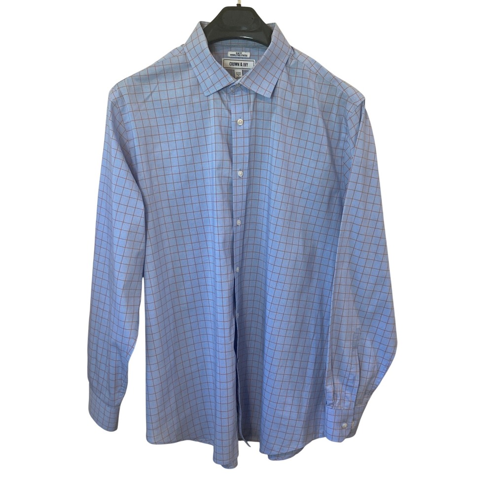 Crown & Ivy Mens XL Slim Fit Wrinkle Free Stretch Blue Orange Check Dress Shirt